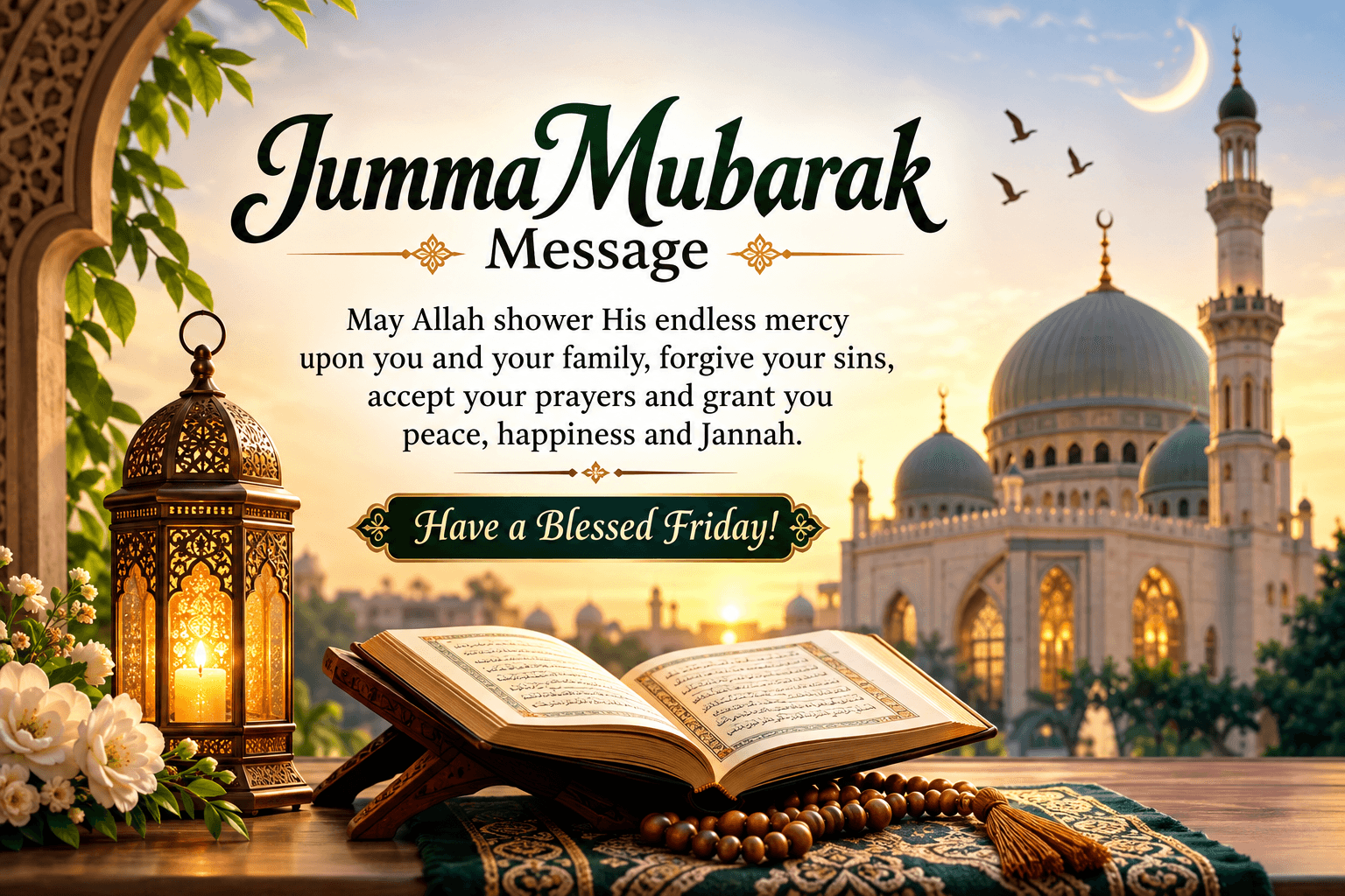 beautiful-jumma-mubarak-message-with-islamic-mosque-background-quran-prayer-beads-friday-blessings-and-heartfelt-Islamic-wishes