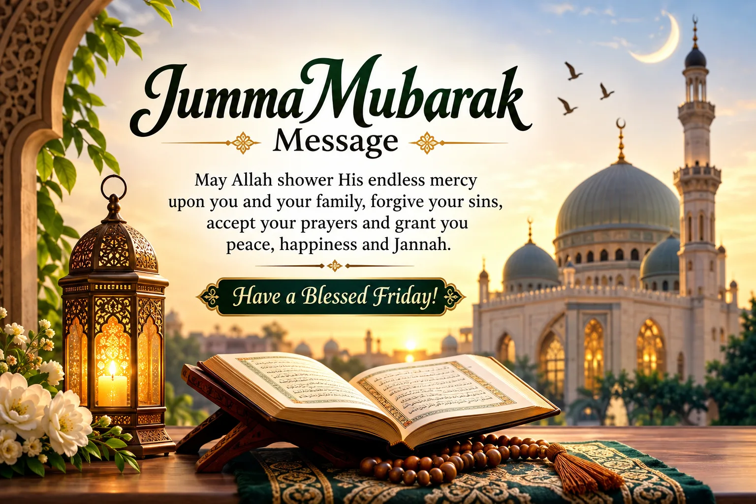 beautiful-jumma-mubarak-message-with-islamic-mosque-background-quran-prayer-beads-friday-blessings-and-heartfelt-Islamic-wishes